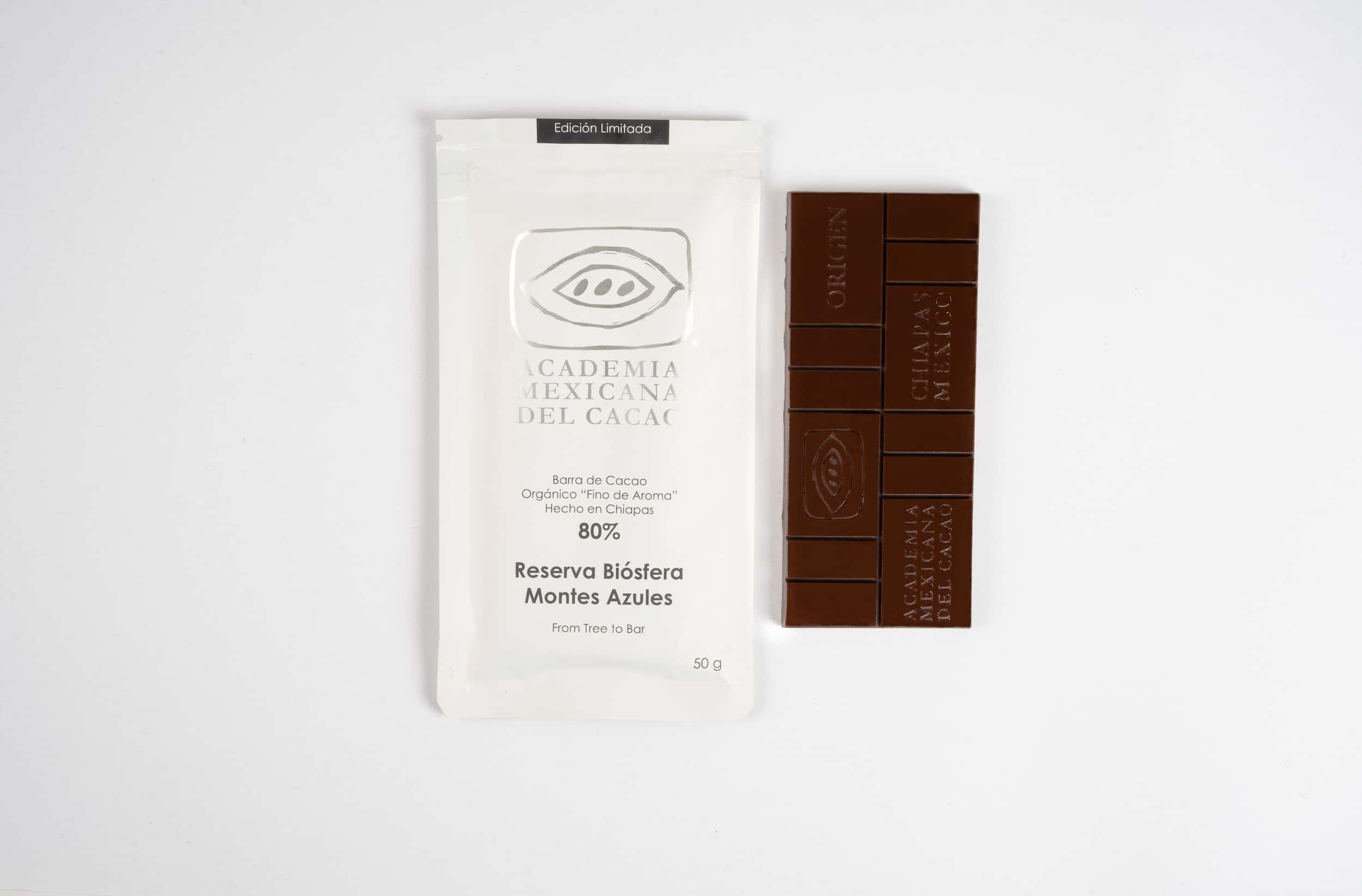 Barra Academia Mexicana del Cacao Chocolate Oscuro Semiamargo al 80% Cacao "Reserva Biósfera Montes Azules" Chiapas Endulzado con Azúcar 50g.