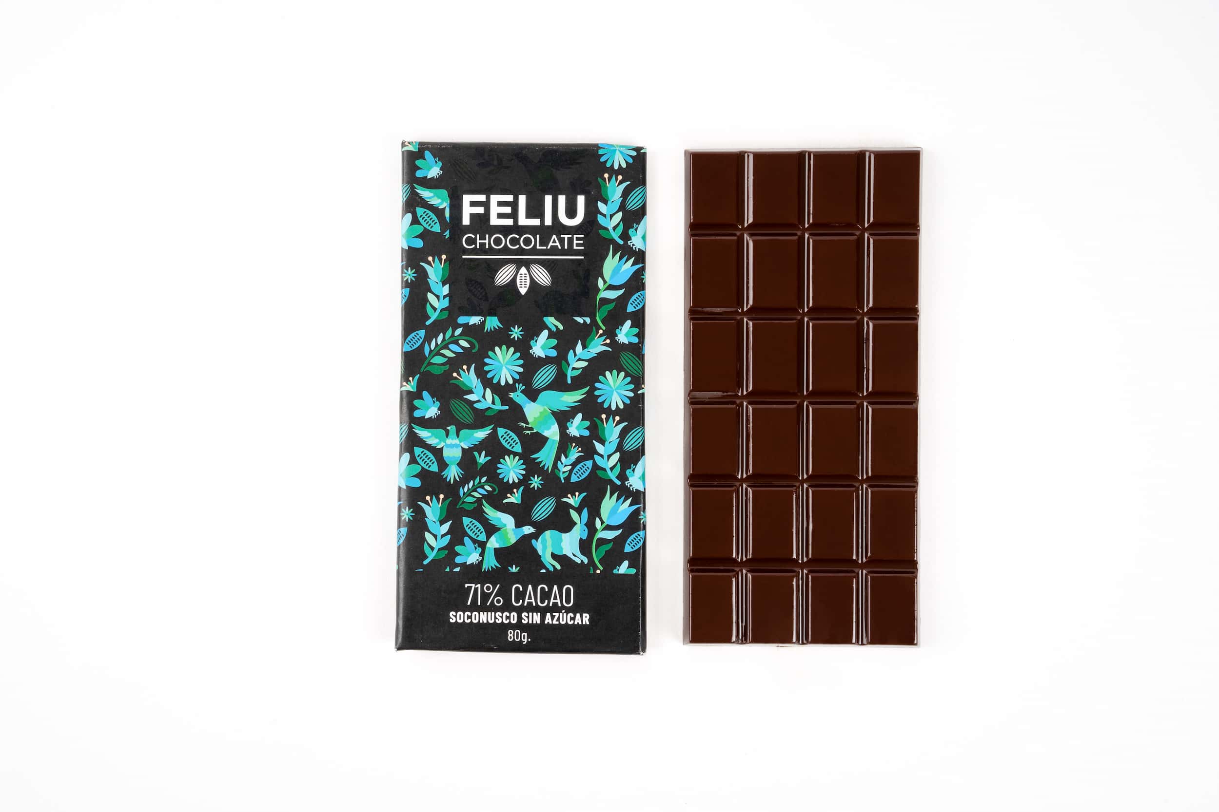 Barra Feliu Chocolate Oscuro Semiamargo al 70% Cacao Polivarietal Soconusco Chiapas con Maltitol y Fruto del Monje "Cero Azúcar" 80 g