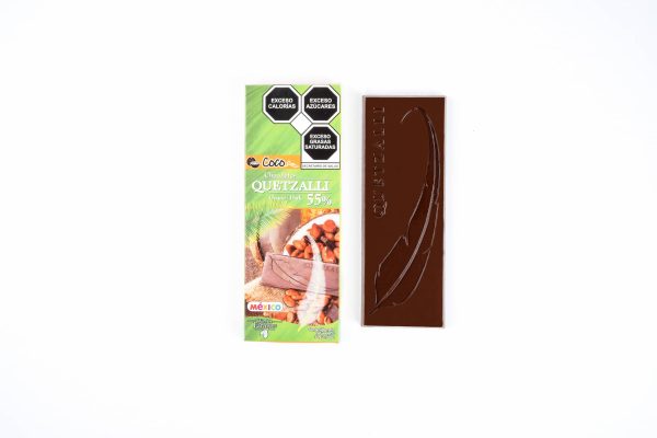 Barra Quetzalli Chocolate Obscuro al 55% Cacao Tabasco Trivarietal con Azúcar y Leche de Coco 50 g.