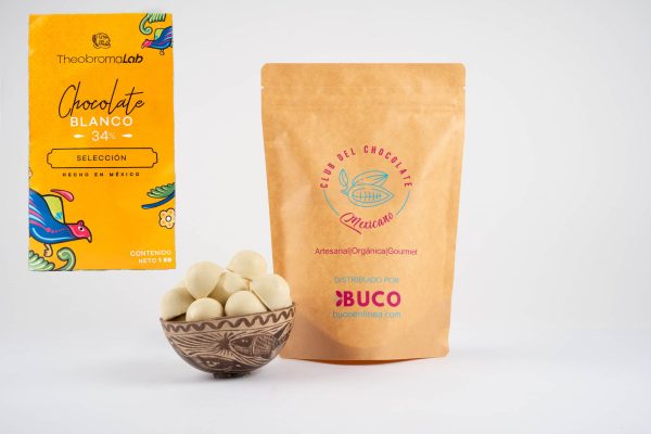 Bolsa TheobromaLab Chocolate Blanco Cacao Tabasco con Leche en Polvo Endulzado con Azúcar al 34% Cacao